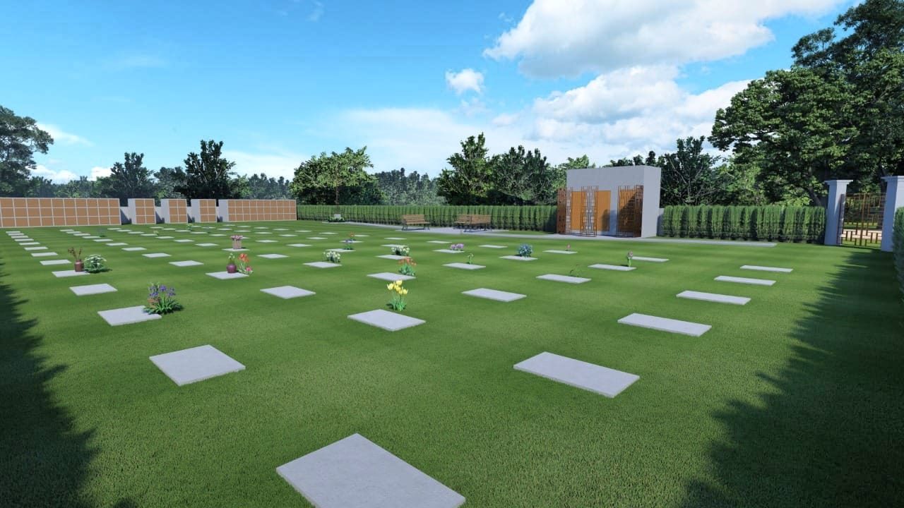 Projeto do Cemitério Anjo Gabriel, estilo parque jardim, com jazigos, bancos e capela